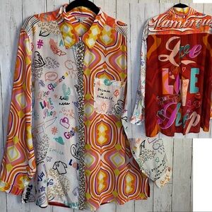 John Mark Womens 1X Glamorous Novelty Mixed Print Button Front Top Shirt Blouse